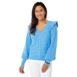 Lilly Pulitzer Size XS Greta Pom Pom Ruffle Sweater Blue Thistle NEW